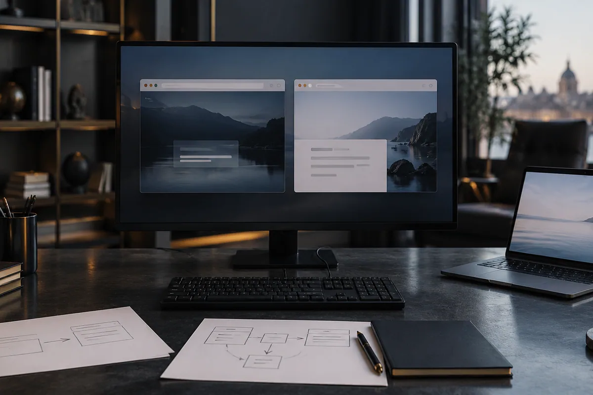 Monitor con dos ventanas de navegador, teclado y esquemas en papel