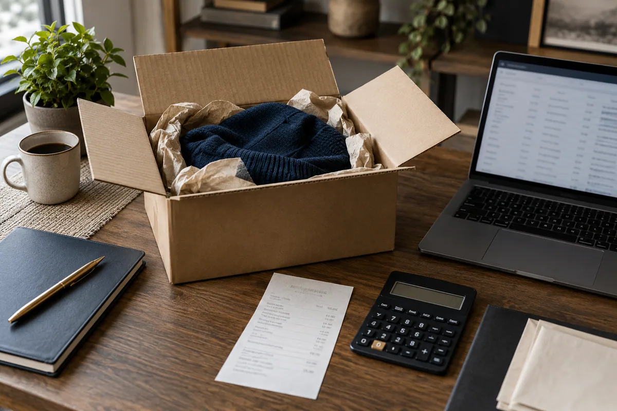 Open pakket, bon en rekenmachine naast een laptop