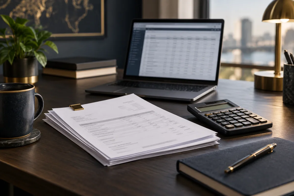 Invoices and calculator beside a laptop