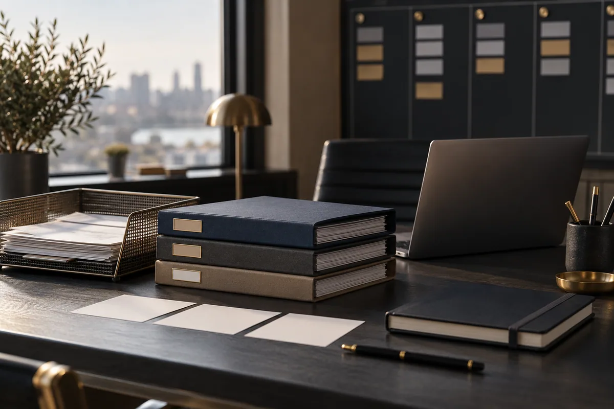 Folders and tracking cards beside a laptop
