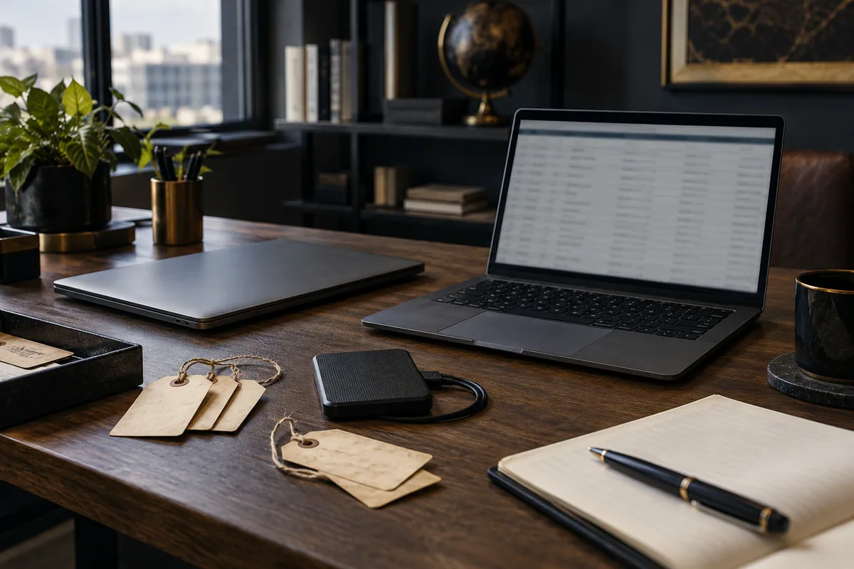 Two laptops, external drive and paper tags
