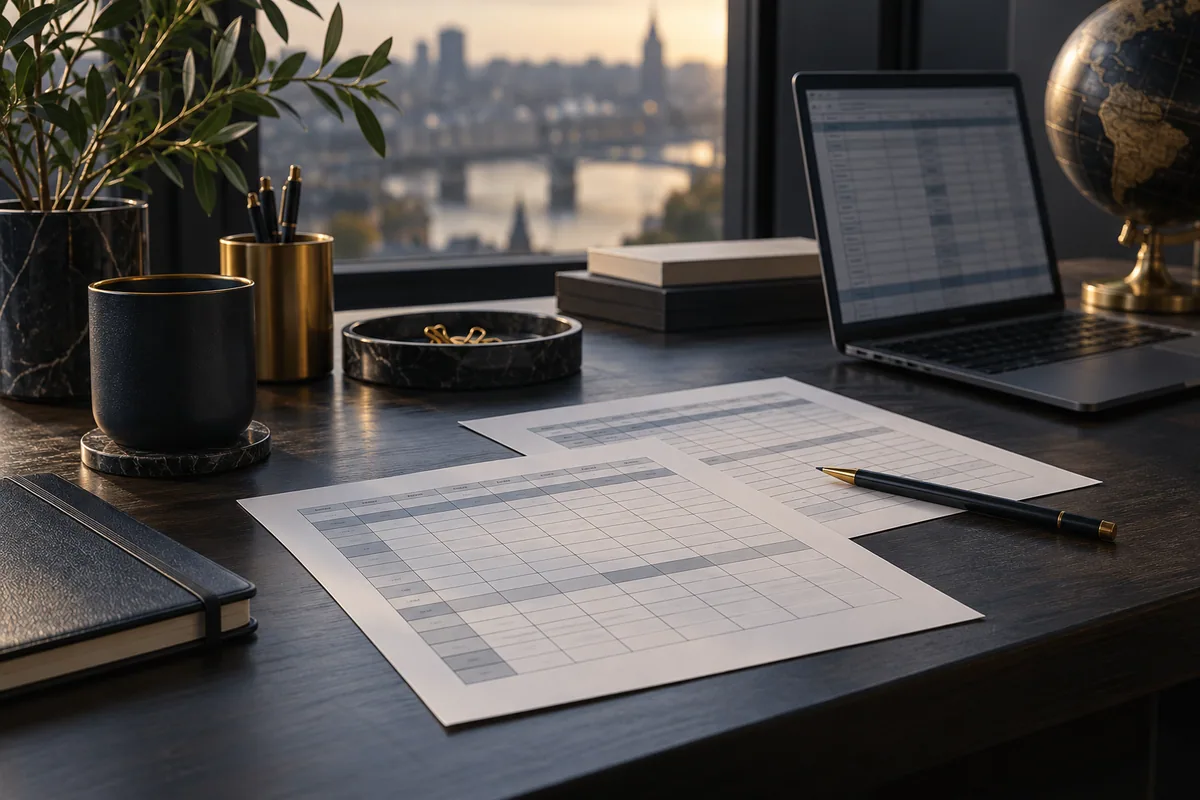 Printed grids with empty cells beside a laptop