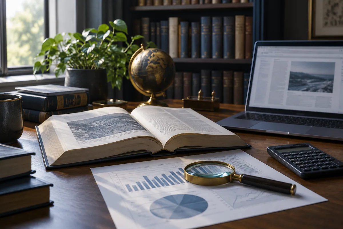 Open book, printed chart, magnifying glass and calculator