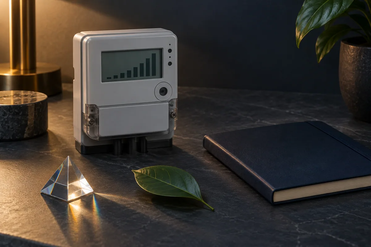 Electricity meter, notebook and green leaf