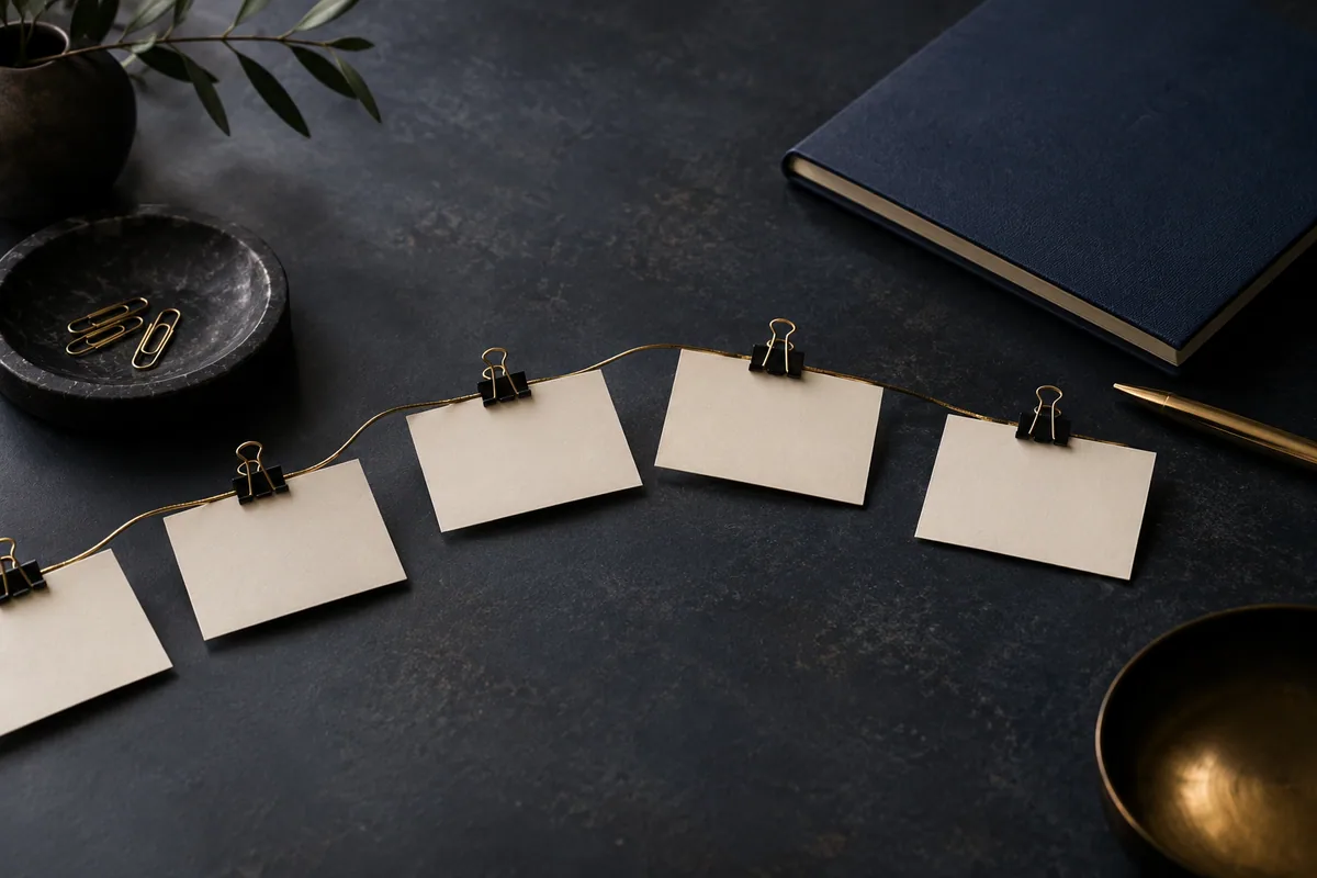 Cartões unidos por um cordão dourado junto a um caderno