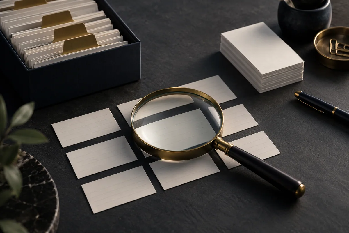 Magnifying glass over sorted document cards