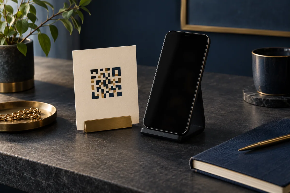 Phone on a stand, square-pattern card and notebook
