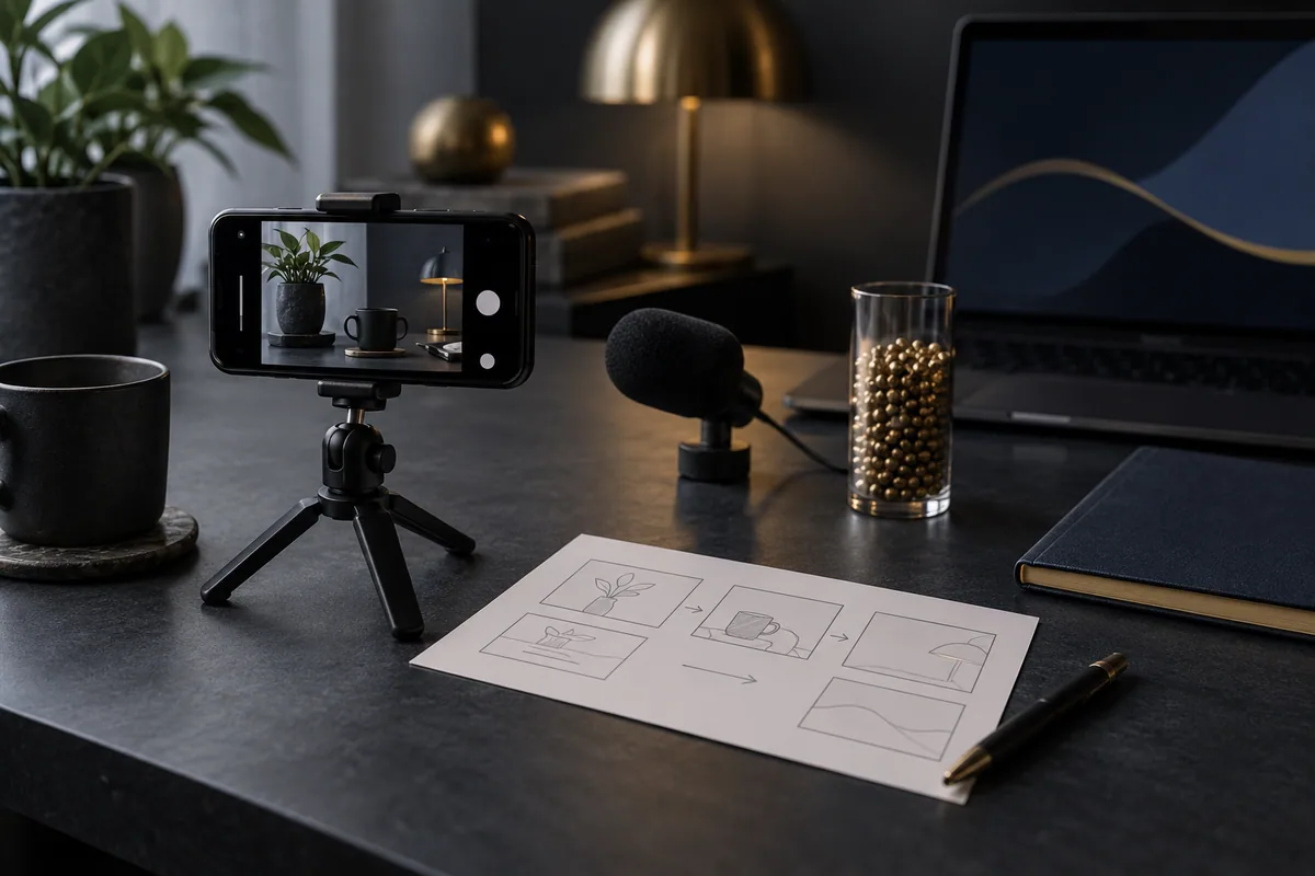 Telefono su supporto, scheda storyboard, microfono e quaderno