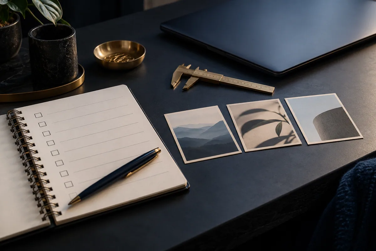 Checklist notebook, three printed images, caliper and closed laptop