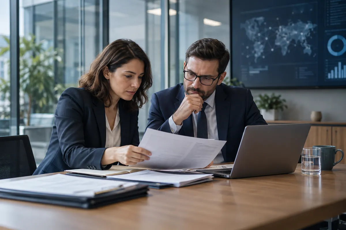 Profesionales que verifican documentación de proveedores y pruebas