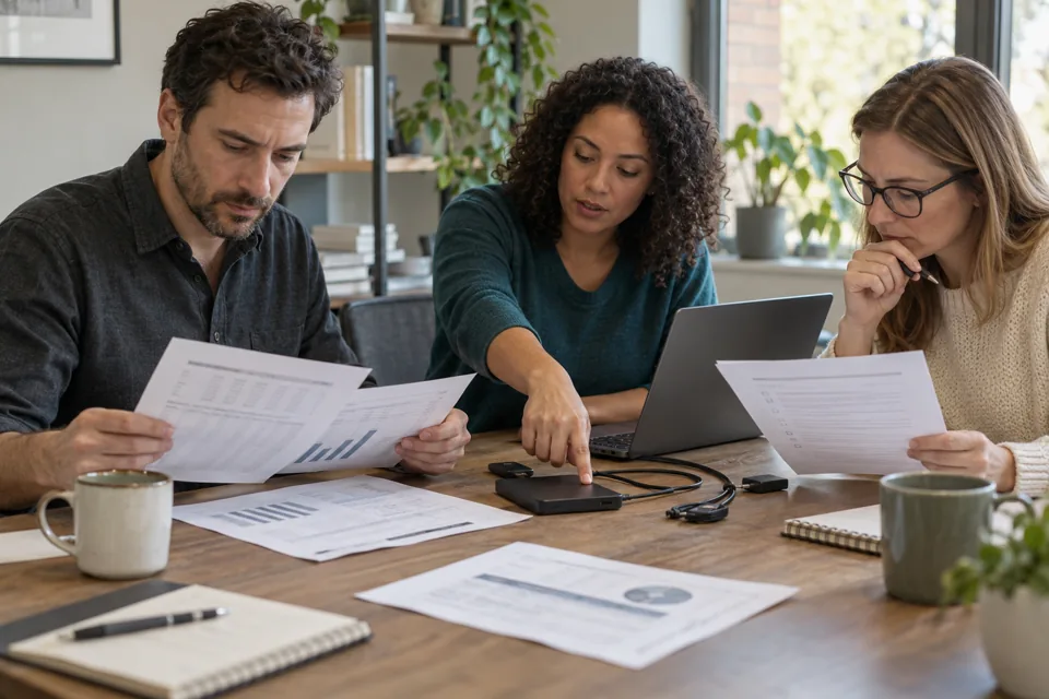 Fictional scene of three professionals checking cost documents and a storage device at a table.