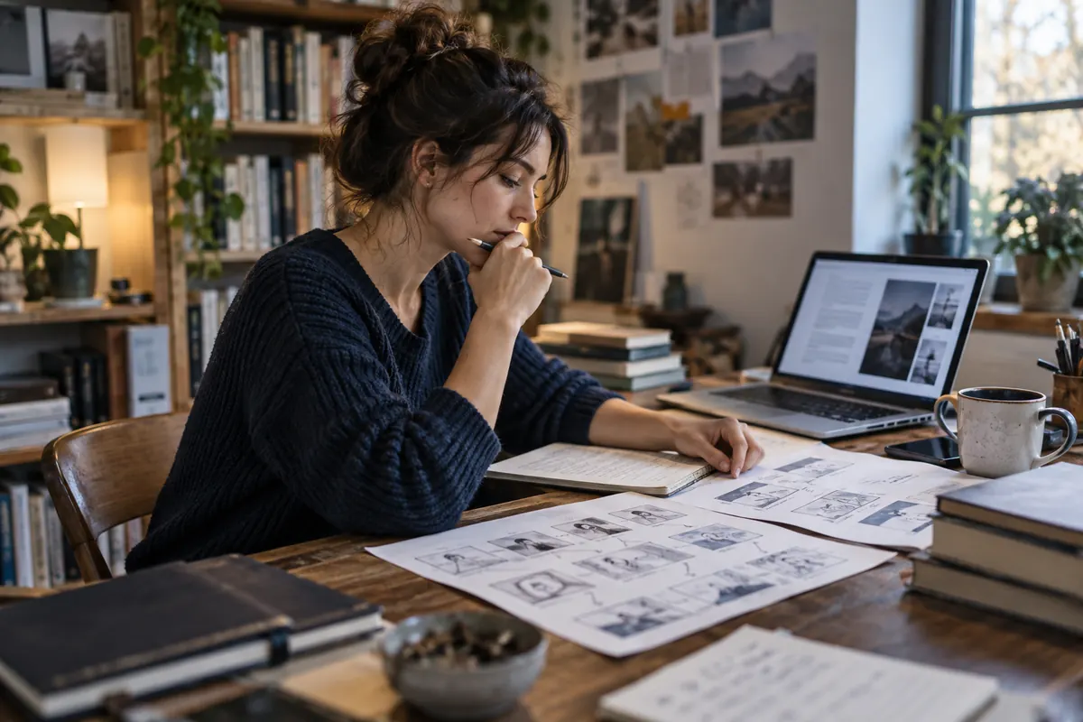 Writer developing a digital brand story with a storyboard and draft copy