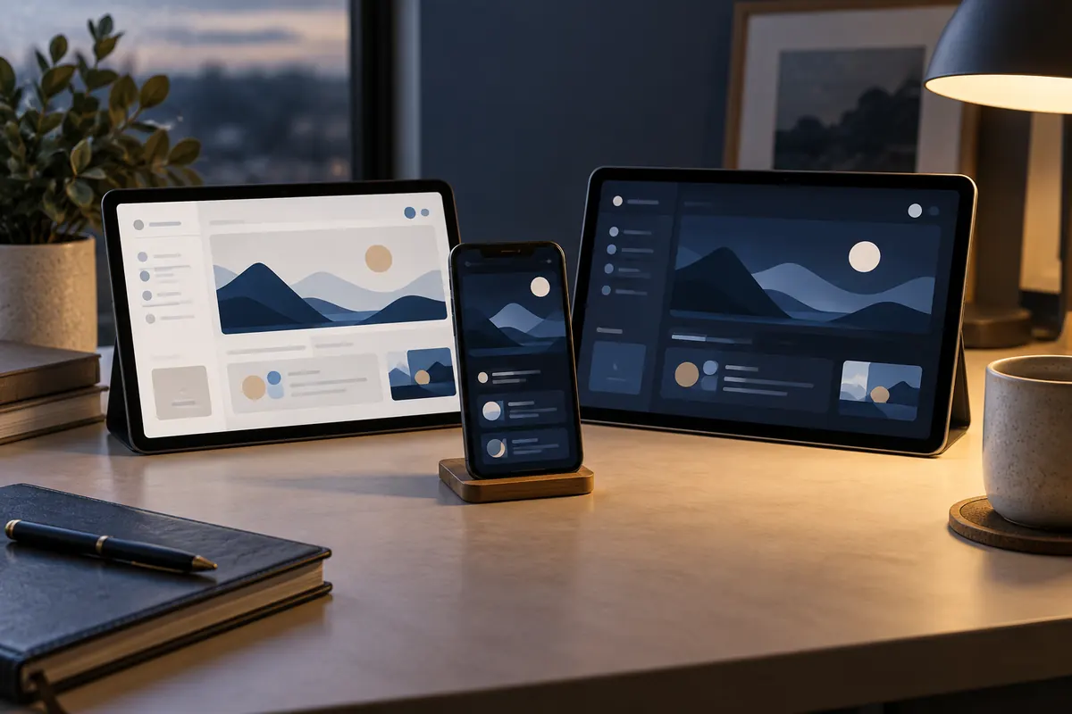 Comparing light and dark interface themes across tablets and smartphone