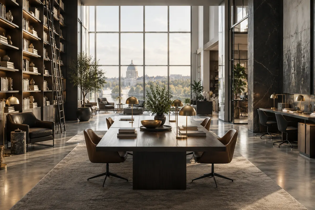 Digital reading room with workstations and lamps