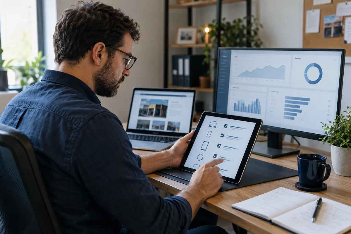 Reviewing a digital asset inventory and website assessment at a workstation