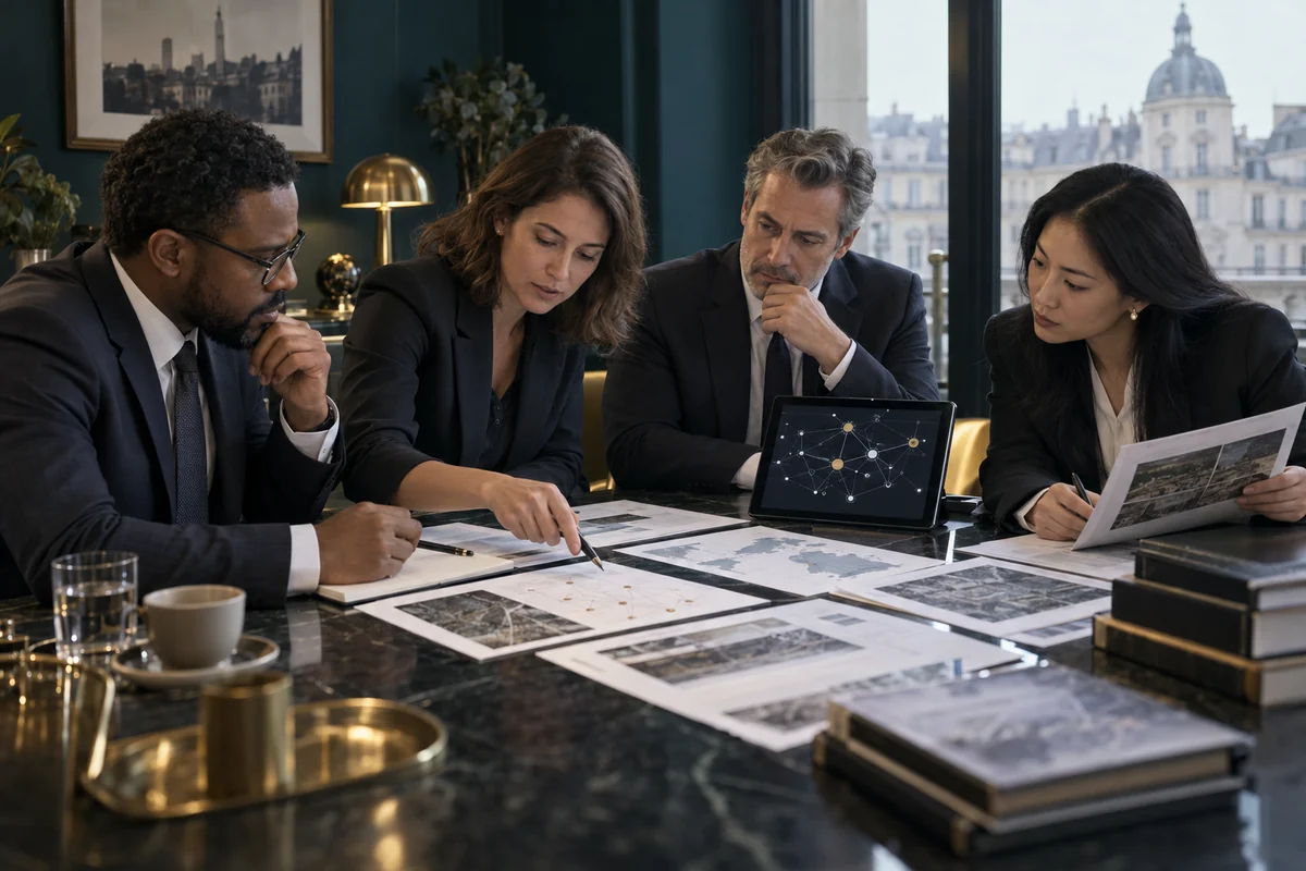 Digital due diligence team cross-checking documents, dependencies and trust evidence