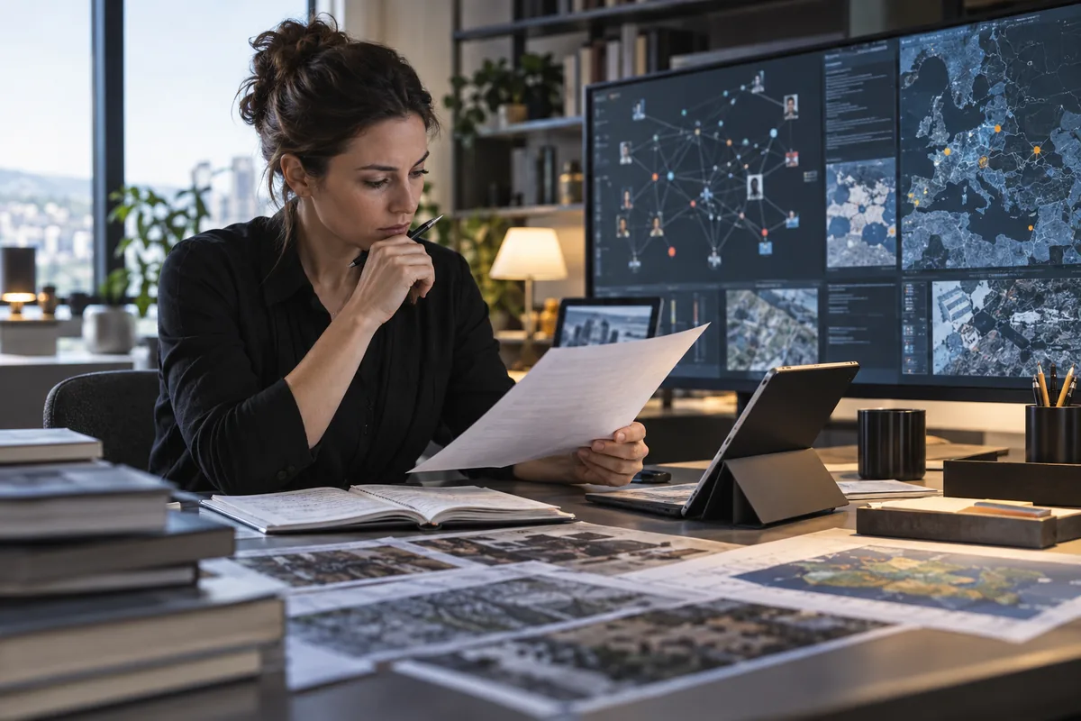 OSINT analyst cross-checking maps, documents and relationships between open sources