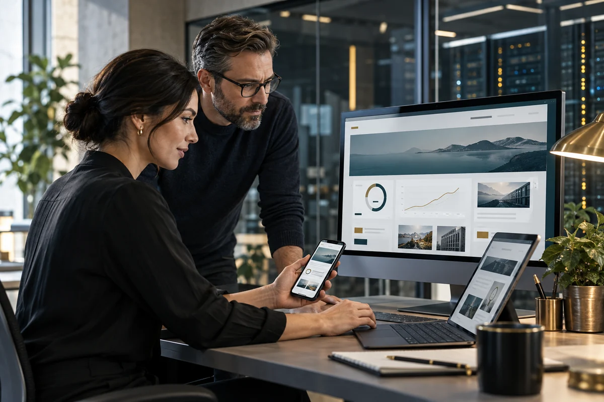 Spécialistes web testant performance, sécurité et expérience sur ordinateur et mobile