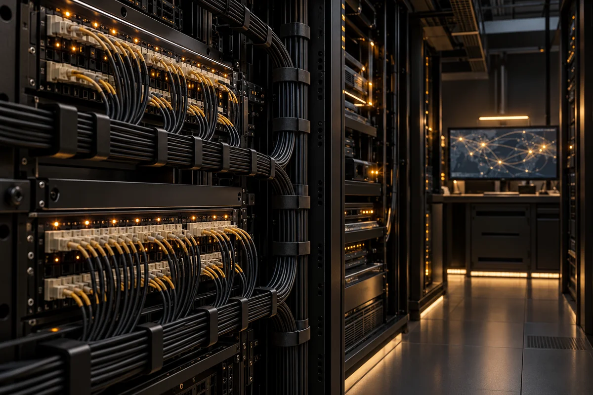 Kommunikationsracks und Netzwerkverkabelung in einem leeren Technikraum