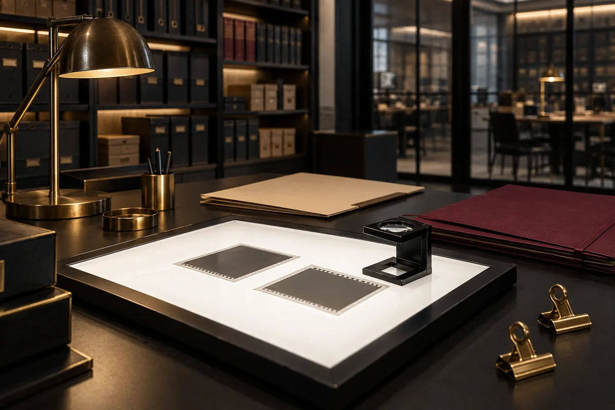 Sala immaginaria vuota di verifica editoriale con tavolo luminoso, trasparenze vuote, lente e dossier