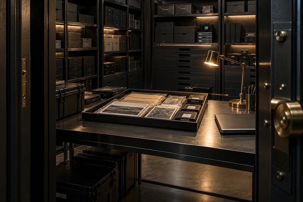 Leerer Archivraum mit Dokumenten und digitalen Beweismedien