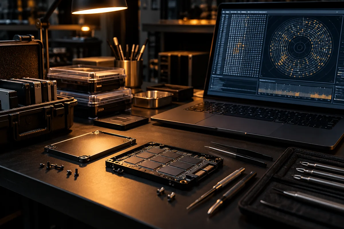 Leerer digitalforensischer Arbeitsplatz mit Datenträgern und Präzisionswerkzeugen