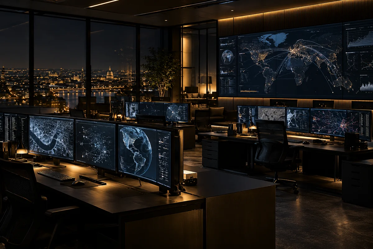 Unbesetzter Cyberaufklärungsraum bei Nacht