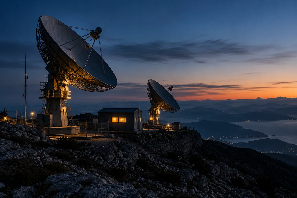 Estação de comunicações por satélite sem pessoas ao anoitecer