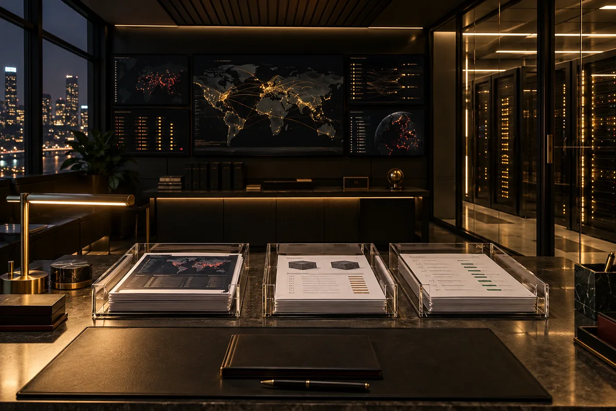 Fictional cyber observatory with three trays separating advisories, inventory and remediation evidence, without people